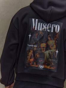 Musero Sudadera con capucha grande, gráfica y holgada, esencial para primavera y verano - Negro - Ver 2