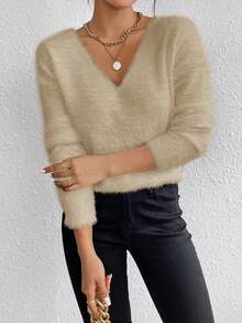 EMERY ROSE White V-Neck Casual Soft Knit Sweater, Long Sleeve Pullover Top, Autumn/Winter - Apricot - View 5