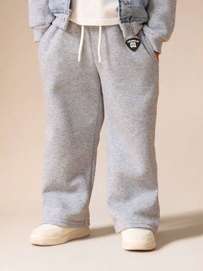 SUMWON Heather Patch Jogger Sweatpants With Drawstring Elastic Waistband For Kids Casual Comfort Everyday Wear