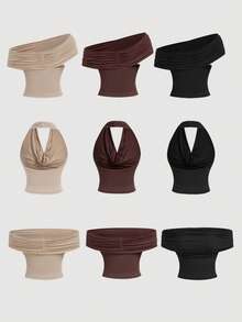 SHEIN MOD 三穿式女士休闲纯色修身上衣，适合夏季穿着，高领设计，露肩款式，美观大方，适合节日、乡村、海滩度假、下午茶聚会等场合，风格端庄，适合舞会等场合，可爱无肩带长款抹胸上衣，女士抹胸套装，适合冬季、圣诞节、新年、感恩节等场合，性感百搭。 - 彩色 - 查看 9