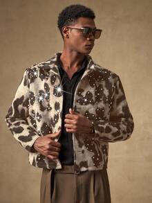 AKNOTIC 男士豹纹水钻装饰休闲长袖夹克外套