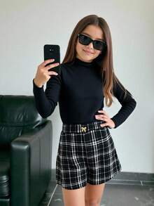 Firerie Kids Firerie Kids 2pcs Tween Girls Black Knit Turtleneck Top And Plaid Elastic Waist Shorts Set, Fashion Versatile Cute Outfit Fall Winter