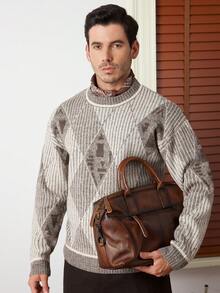 Core Aspect Men's Casual Loose Fit Rhombus Plaid Pattern Dropped Shoulder Sweater, Autumn/Winter - Multicolor - View 4