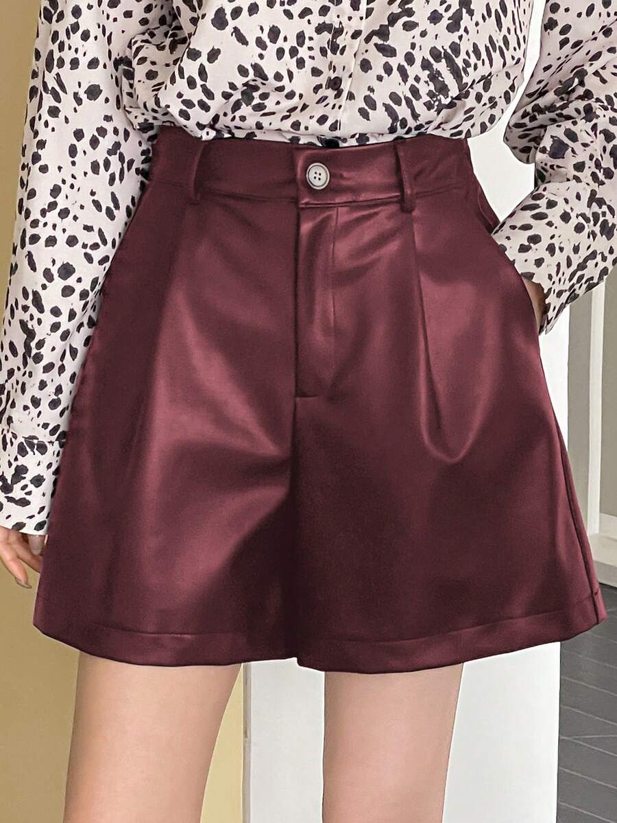 DAZY Women's Fashionable Commuter Solid Color Wide Leg PU Shorts - Burgundy - View 1