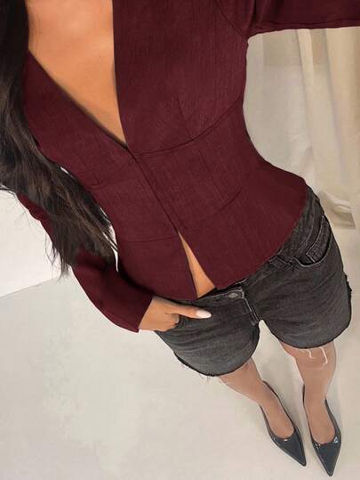 Glamine Women's Elegant Sexy Office Lady Deep V Neck Long Sleeve Fitted Short Jacket, Suitable For Work Attire In Autumn And Winter Burgundy Blouse Maroon Top Dark Red Top Wine Red Top