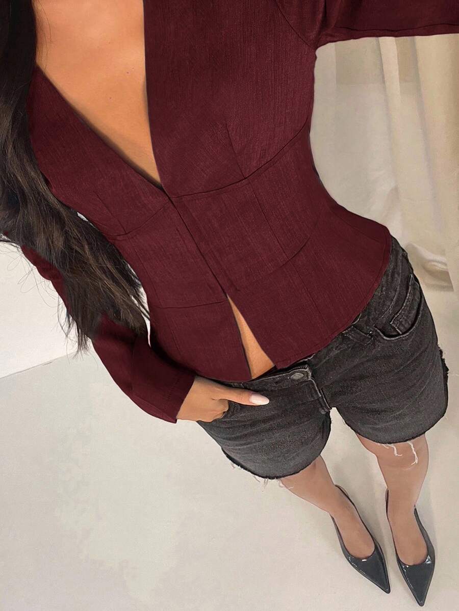 Glamine 女款優雅深V領長袖修身短夾克,酒紅色職場OL通勤上衣,秋冬夜店風深紅女式襯衫上衣 - 酒紅色 - 查看 1