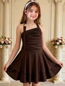 SHEIN Girlism Tween Girls Party Wear New Spiral Gold Decor Design Waist Cinching Flared Skirt Mini Dress, Party Mini Dress, Back To School Party Dress Strap Party Dress Cute Dress Brown Dress Ruched Dress Teen Girl Dress One Shoulder Dress - Coffee - View 8