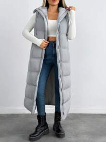 EURMUSE Sleeveless Long Hooded Padded Coat, Solid Color, Winter - Grey - View 4