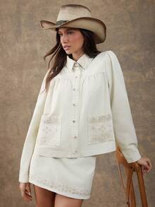 WESTFADE Collared Button Front 100% Floral Embroidered Cotton Twill Swing Jacket Fall, Autumn, Winter, Western Wear, Casual Cute, Boho, Country Concert - Apricot - View 1