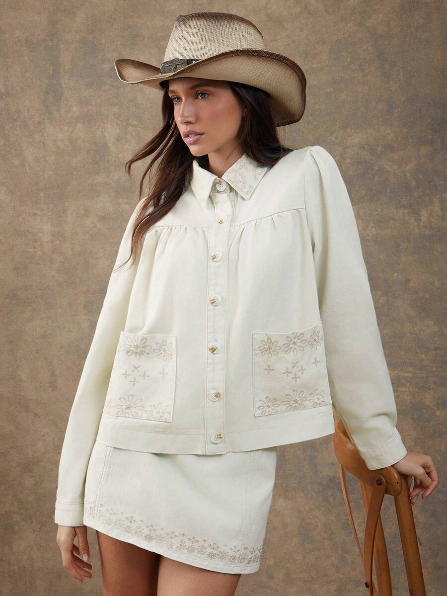 WESTFADE Collared Button Front 100% Floral Embroidered Cotton Twill Swing Jacket Fall, Autumn, Winter, Western Wear, Casual Cute, Boho, Country Concert - Apricot - View 1