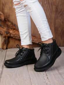 Bota para hombre cuero resistente punta cuadrada cordones suela cómoda estilo casual oficina diario botín urbano - Negro - Ver 3