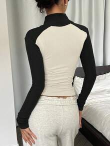 DAZY Women's Mock Neck Half-Zip Contrast Color Fitted Base Layer Long Sleeve Casual Pullover Sweatshirt - Black - View 5