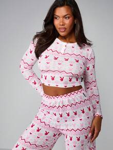 Missguided x Playboy Bộ đồ ngủ Henley ống rộng họa tiết Giáng sinh Fairisle Pointelle - Nhiều màu - Xem 4