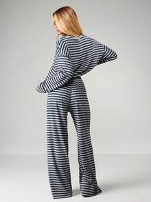 Missguided x Playboy Women Striped Two Piece Set Long Sleeve Crop Top Wide Leg Pants Casual Loungewear Coord - Multicolor - View 2