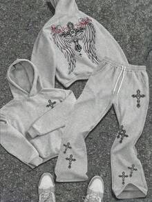 PAVTROS Cross Angel Wings Men's Autumn/Winter Hoodie And Flared Pants 2 Pieces Set - Grey - View 2