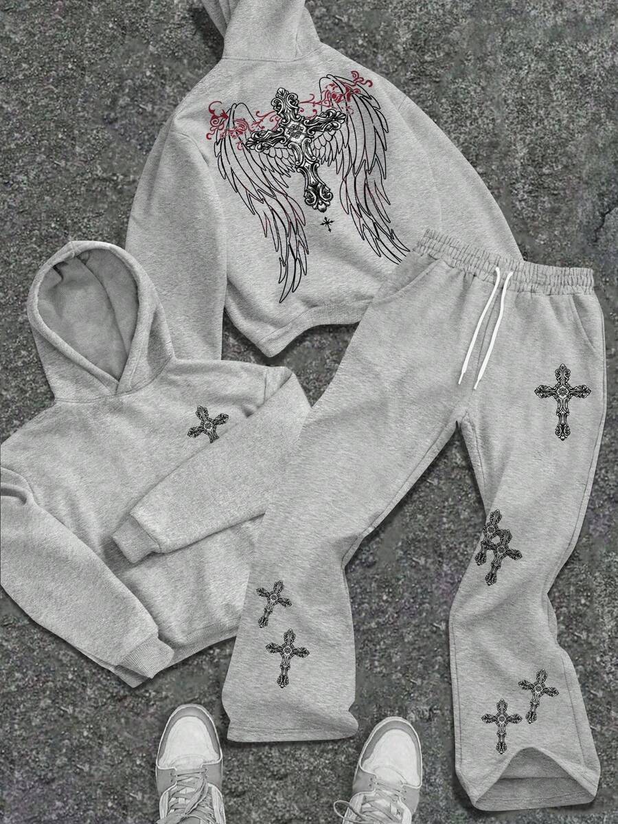 Manfinity Roughcore Cross Angel Wings 男士秋冬连帽衫和喇叭裤两件套 - 灰色 - 查看 1