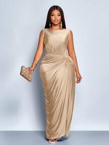 SOLERSUN Women's Plus Size Elegant Solid Color Pleated Hollow Out Fashion Metal Ring Buckle Niche Design Gathered Ruched Slit Sleeveless Long Maxi Dress Fall And Winter, Casual, Party, Bridesmaid, Halloween , Christmas, New Year's Eve, Holiday Clothing,Cocoon Wrap Design Dress,Graduation Dress,Elegant Dresses For Women,Fall Outfits Women,Winter Dresses For Womwen,New Year Look,Prom Dress,Brown Dress - Apricot - View 6