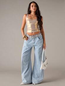 SHEIN BAE 女士秋冬金色Y2K金属质感修身露脐上衣，适合夜店、夜间派对、圣诞节、新年等场合穿着，金色闪亮上衣 - 金色 - 查看 5