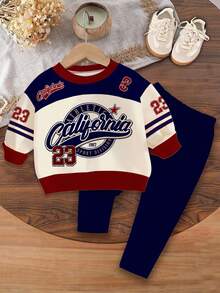 SHEIN 女婴休闲复古字母和数字徽章图案运动衫和紧身裤套装，学院风，柔软厚实圆领长袖套头衫和紧身裤，适合秋冬季 - 彩色 - 查看 2