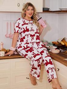 Slumberry CURVE Conjunto de Pijama com Estampa de Laço Plus Size, Contraste de Cor, Gola Redonda, Estilo Sweet Ins - Vinho - Visão 4