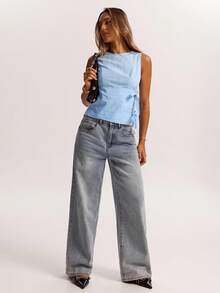 SHEIN BAE Áo thun nữ màu xanh trơn đơn giản, tối giản, thích hợp mặc đi làm, đi chơi, mặc nhiều dịp, mùa tựu trường, áo đi nghỉ, sân bay - Màu xanh lam - Xem 3