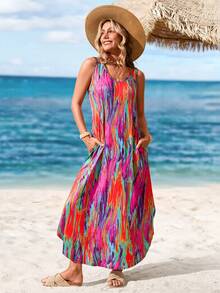 Sylviya Summer Women's V-Neck Asymmetrical Hem Side Split Face Printed Casual Vacation Sleeveless Dress With Pockets,Festival Outfits 4th Of July Dress Fall Dresses Summer Dress Midi,Summer Dresses For Women