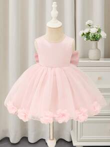 Glamorique Kids Girls' Baby Pink Satin Tulle Dress, Sleeveless Vest Dress With Large Bow At Back, Hand-Beaded 3D Flowers Evening Party Dress, Baby Birthday Dress, Wedding Guest Dress - Pink - View 2