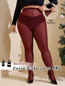 SHEIN CURVE+ Plus Size Burgundy, Cherry Red, Maroon Color Sheer Leggings, Tight Bodycon Leggings, Pantyhose, Fitted, Plain, Women's Basic, Western Women's, Summer, Tight, Easter, Spring, Mardi Gras/Mardi Gras, Valentine's Day, Valentine's Gifts, Sexy, Y2K, Fashionable, Rave, Music Festival - Red - View 1