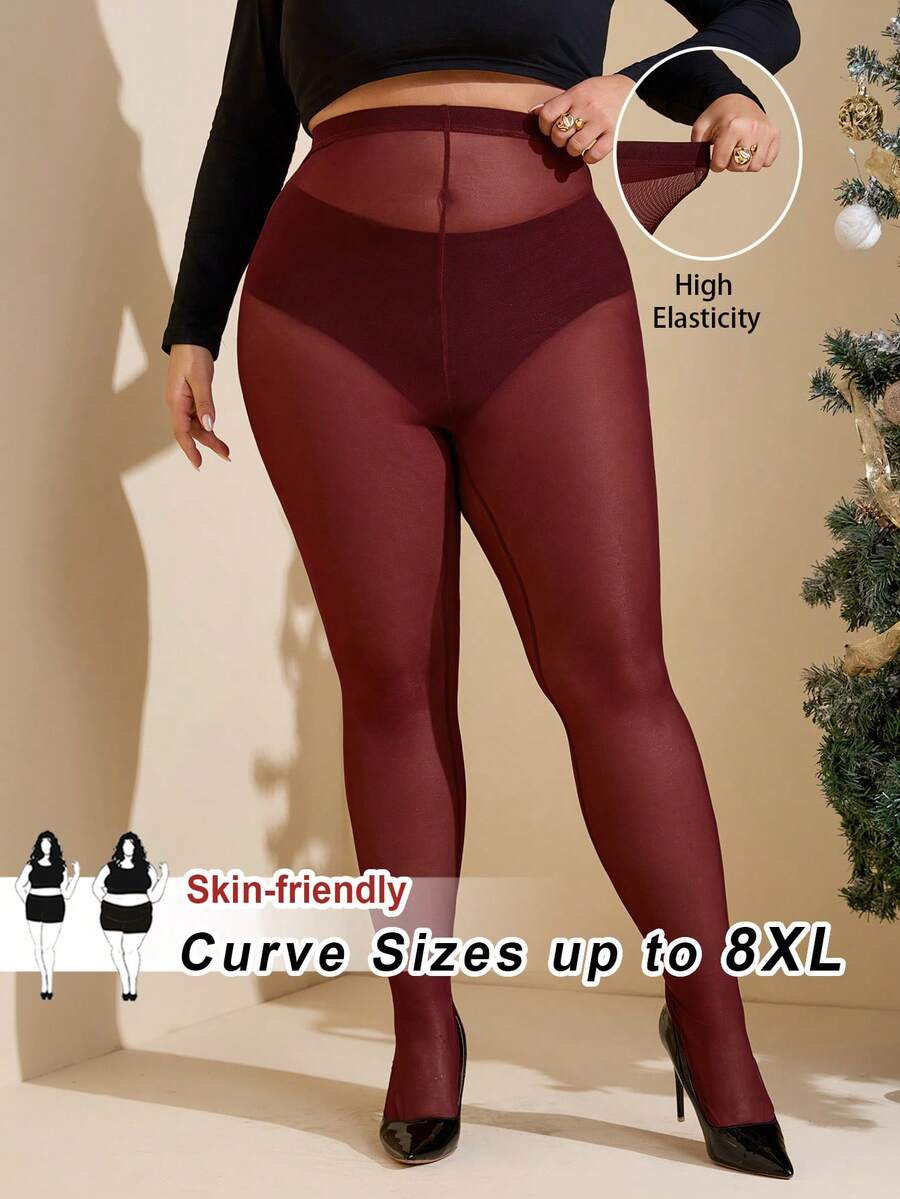 SHEIN CURVE+ Plus Size Burgundy, Cherry Red, Maroon Color Sheer Leggings, Tight Bodycon Leggings, Pantyhose, Fitted, Plain, Women's Basic, Western Women's, Summer, Tight, Easter, Spring, Mardi Gras/Mardi Gras, Valentine's Day, Valentine's Gifts, Sexy, Y2K, Fashionable, Rave, Music Festival - Red - View 1