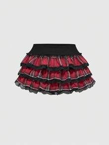 ROMWE Avant Y2K Retro Plaid Cute Sweet Cake Skirt For Women, Suitable For Halloween - Red - View 1