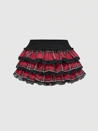 ROMWE Avant Y2K Retro Plaid Cute Sweet Cake Skirt For Women, Suitable For Halloween