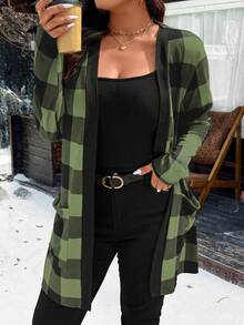 Calvaya Chaqueta de cuadros rojos de Navidad de talla grande con bolsillos dobles para ropa de Año Nuevo - Verde militar - Ver 6