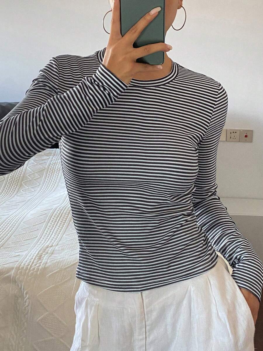 DAZY 1 件女式纯色圆领修身短袖 T 恤 - 黑色 - 查看 1