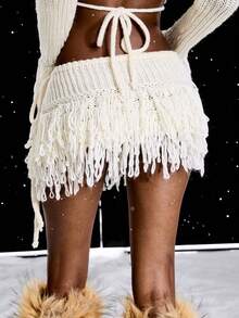 LYSMO 女式纯色流苏装饰结饰开叉休闲毛衣裙