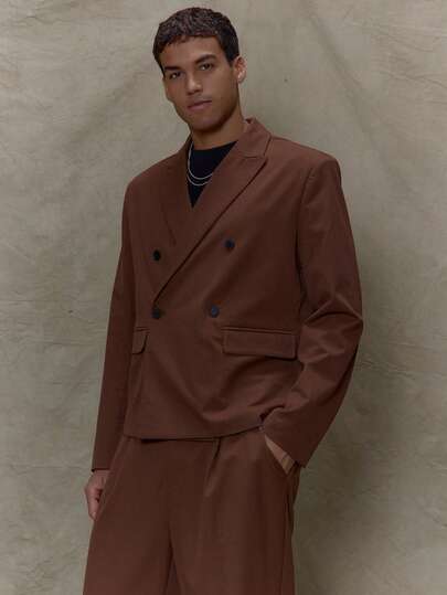 Musero Men Boxy Cropped Double Breasted Notch Lapel Blazer Autumn Winter Tailoring Smartwear