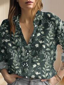 EMERY ROSE 复古花卉亚麻衬衫、热爱自然的衬衫、园艺休闲上衣、女士花叶纽扣衬衫、夏季礼物 - 彩色 - 查看 3