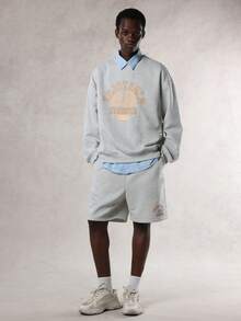 DAZY Men's Letter Print Fleece Sweatshirt & Shorts 2-Pieces Set, Autumn/Winter - Grey - View 4