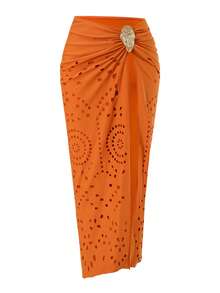 Swim Oasis 女士夏季海滩度假专用纹理面料裙，金属装饰可调节细肩带，镂空褶皱露背性感休闲纯色比基尼三件套 - 橘色 - 查看 8