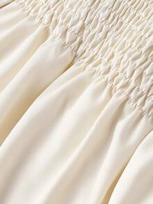 SHEIN MOD Women's Solid Color Contrast Lace V-Neck Single-Breasted Elegant Lantern Sleeve Blouse - Apricot - View 4