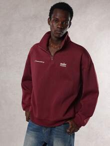 DAZY 男士字母印花半拉链抓绒卫衣，酒红色和浆果色，秋冬季 - 酒紅色 - 查看 3