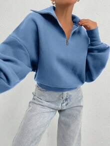SHEIN Cottnline 100% Cotton Collar With Zipper Pattern Oversize Sweatshirt - Baby Blue - View 3
