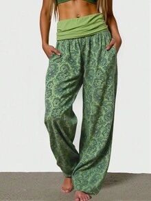 INAWLY Paisley Print Drawstring Waist Casual Vacation Pants Fall Cloth For Women