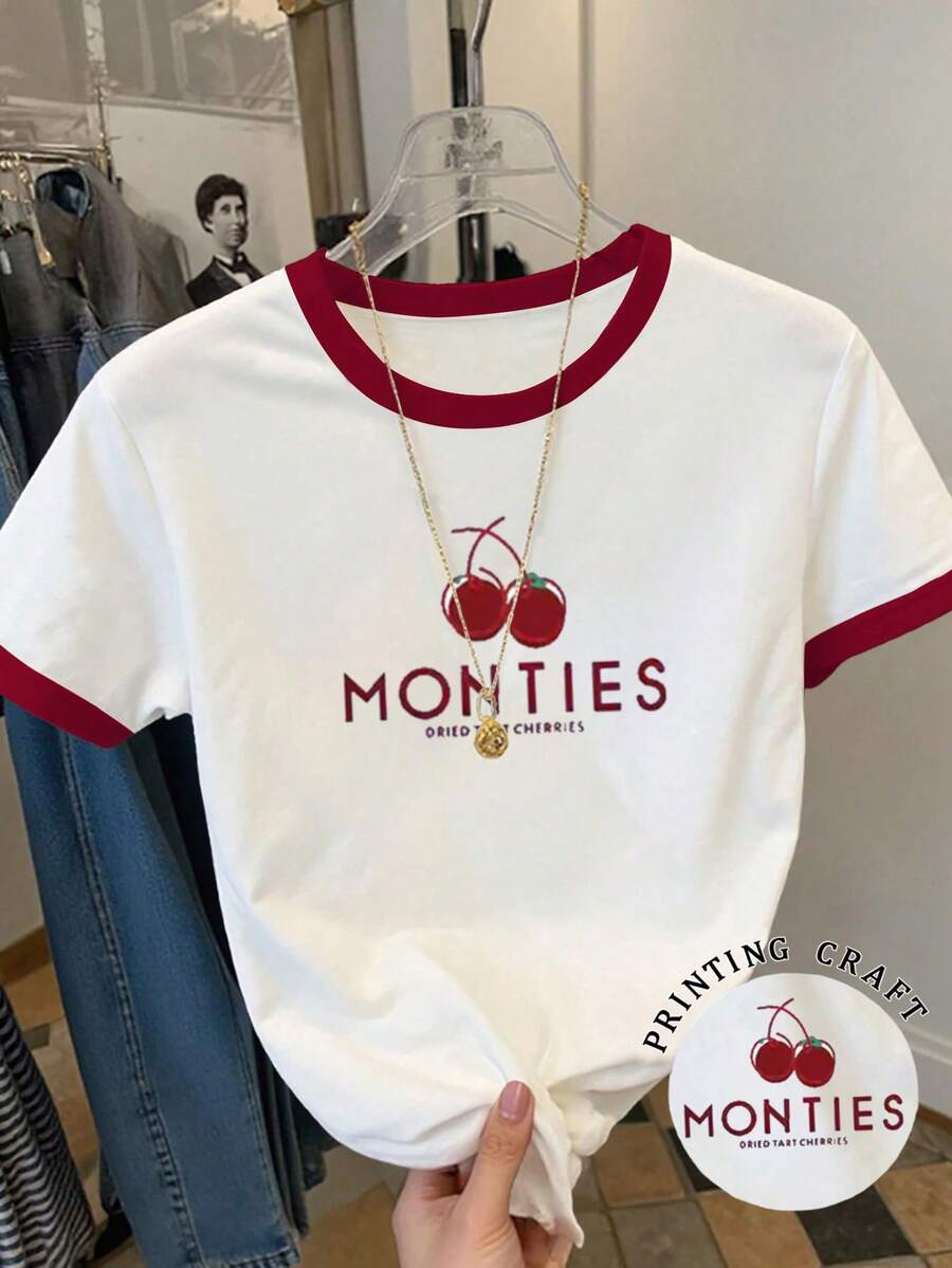 Resyla 女士休闲樱桃字母印花短袖宽松T恤，适合夏季日常通勤 - 彩色 - 查看 1