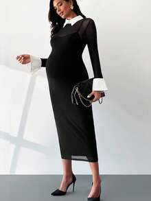 MaterniWear Umstands-Arbeitskleidung Umstands-Arbeitsoutfits Umstands-Arbeitskleidung Umstands-Arbeitskleider Elegantes Umstands-Pendlerkleid mit Kontrastbesatz und Seitenschlitz, Herbst - Schwarz - Übersicht 6