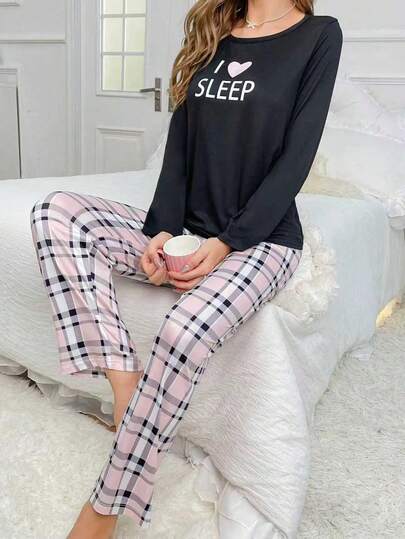 Letter Graphic Tee Plaid Pants PJ Set Pajama Set, Fall Clothes view 3