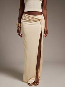 Hauture Sexy High Slit Maxi Skirt – Slinky Jersey Fold Over Skirt For Night Out, Party & Going Out - Apricot - View 4