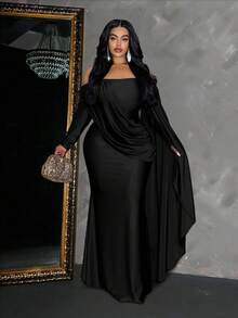 Maweii 大码纯色露肩长袖修身中长连衣裙 - 黑色 - 查看 2