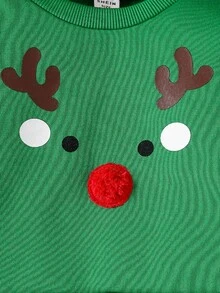 SHEIN 2 件套幼儿男童圣诞主题绿色运动衫，全身印花和刺绣图案，以及条纹全身印花运动裤，适合秋冬季日常穿着、外出、派对/圣诞装 - 綠色 - 查看 7