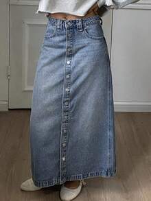 DAZY 女士纽扣前开襟休闲牛仔裙 - 中等水洗藍 - 查看 3