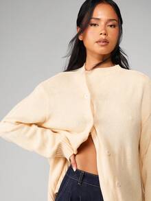 MISSGUIDED Button Front Knit Cardigan Long Sleeve Ribbed Hem Fall Winter Layering Essential - Apricot - View 5